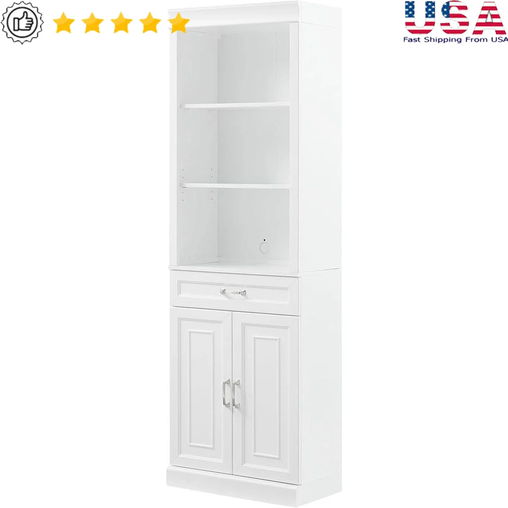 Storage Bookcase Cabinet with Adjustable Shelves Hutch Full-Extension Drawer Home Bar or China Cabinet Living Room Furniture