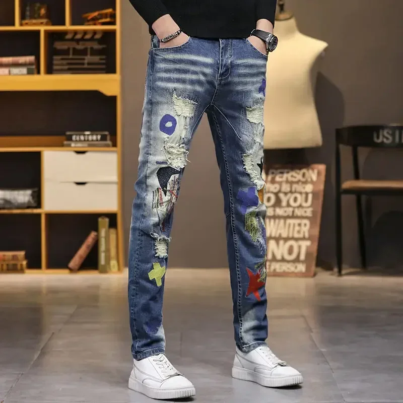 Korea Version Men’s Beggar Style Dirty Blue Jeans,Stylish Slim Ripped Jeans,High Quality Printing Jeans,Sexy Street Jeans;