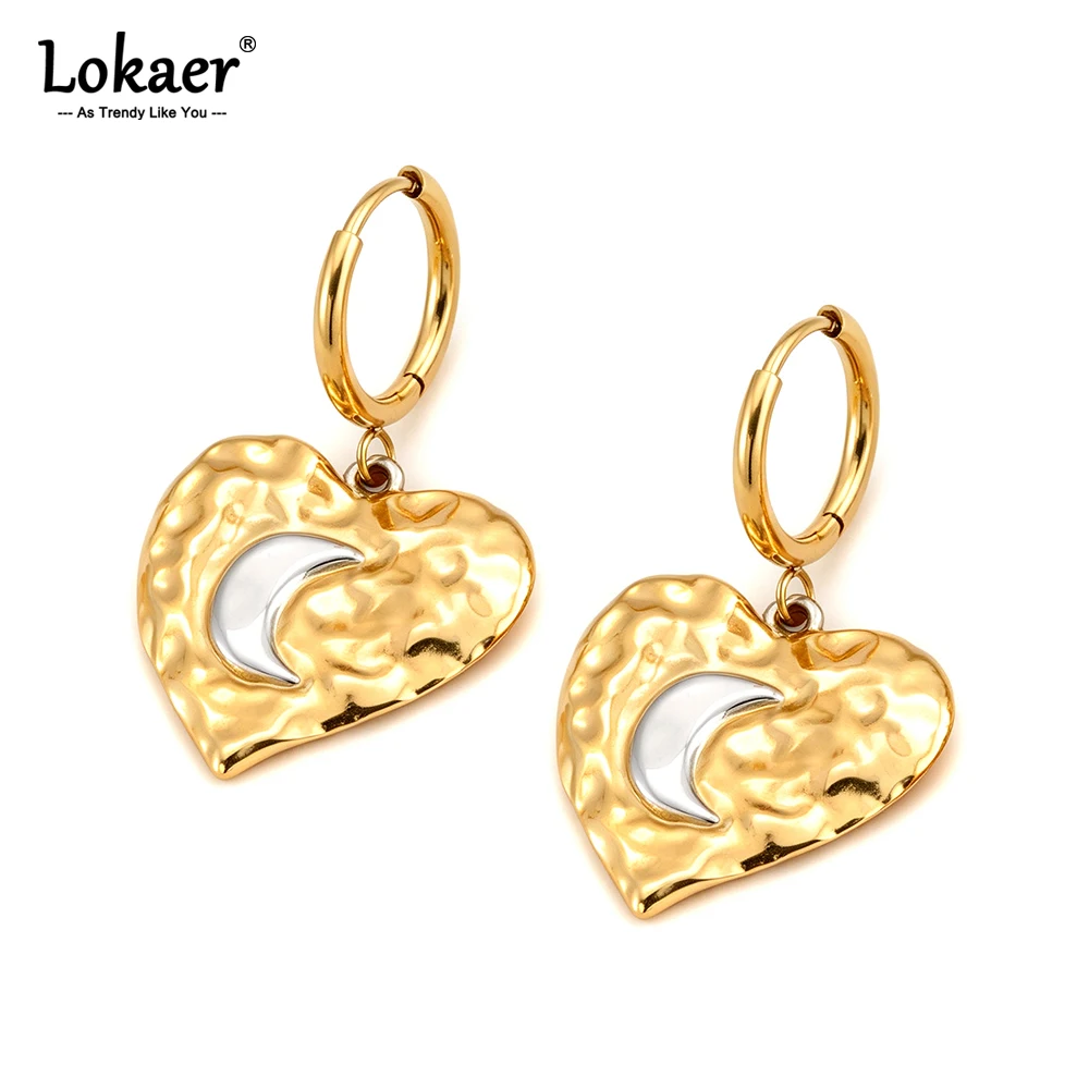 Lokaer Goldfarbene Mond-Herz-Creolen aus Edelstahl, geometrischer modischer Herz-Charm-Schmuck für Frauen E26164