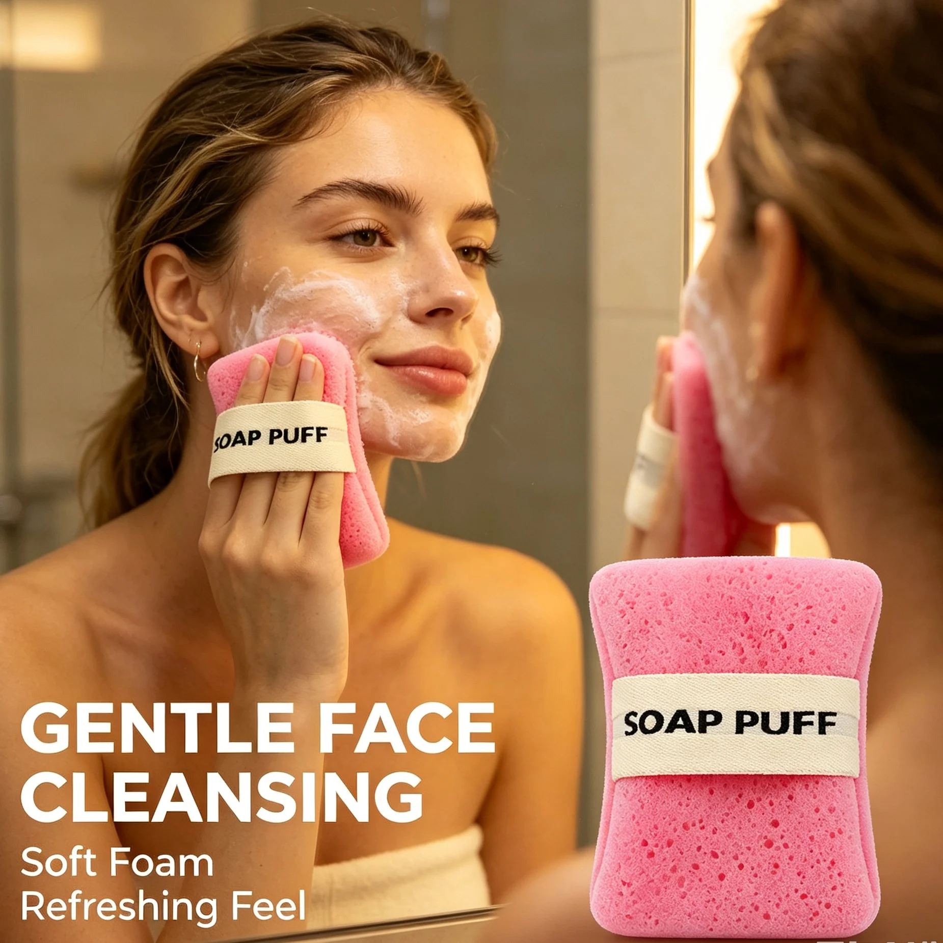 Esponja de limpeza facial perfurada com alça de mão, esponja macia para uso doméstico.