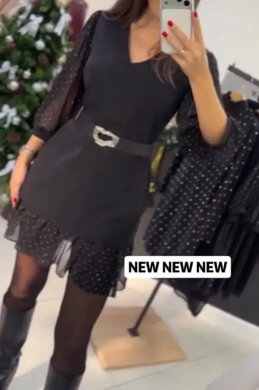 

Women Dresses 2026 Spring New Fashion Polka Dot Print Long Sleeve Waist Cinched V-Neck Mesh Patchwork Mini Dress with Belt