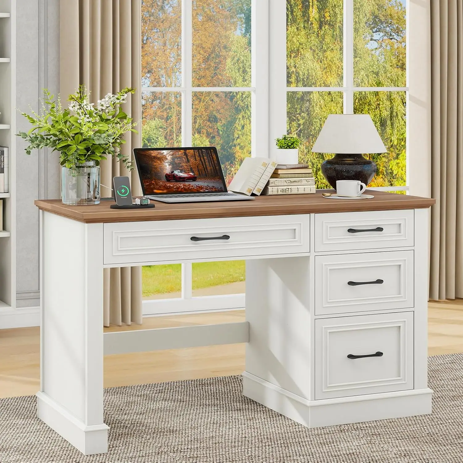 

Farmhouse 47" Executive Desk, Computer Desk with Drawers and File Drawer, Workstation Computer Desk with Charging Station for H