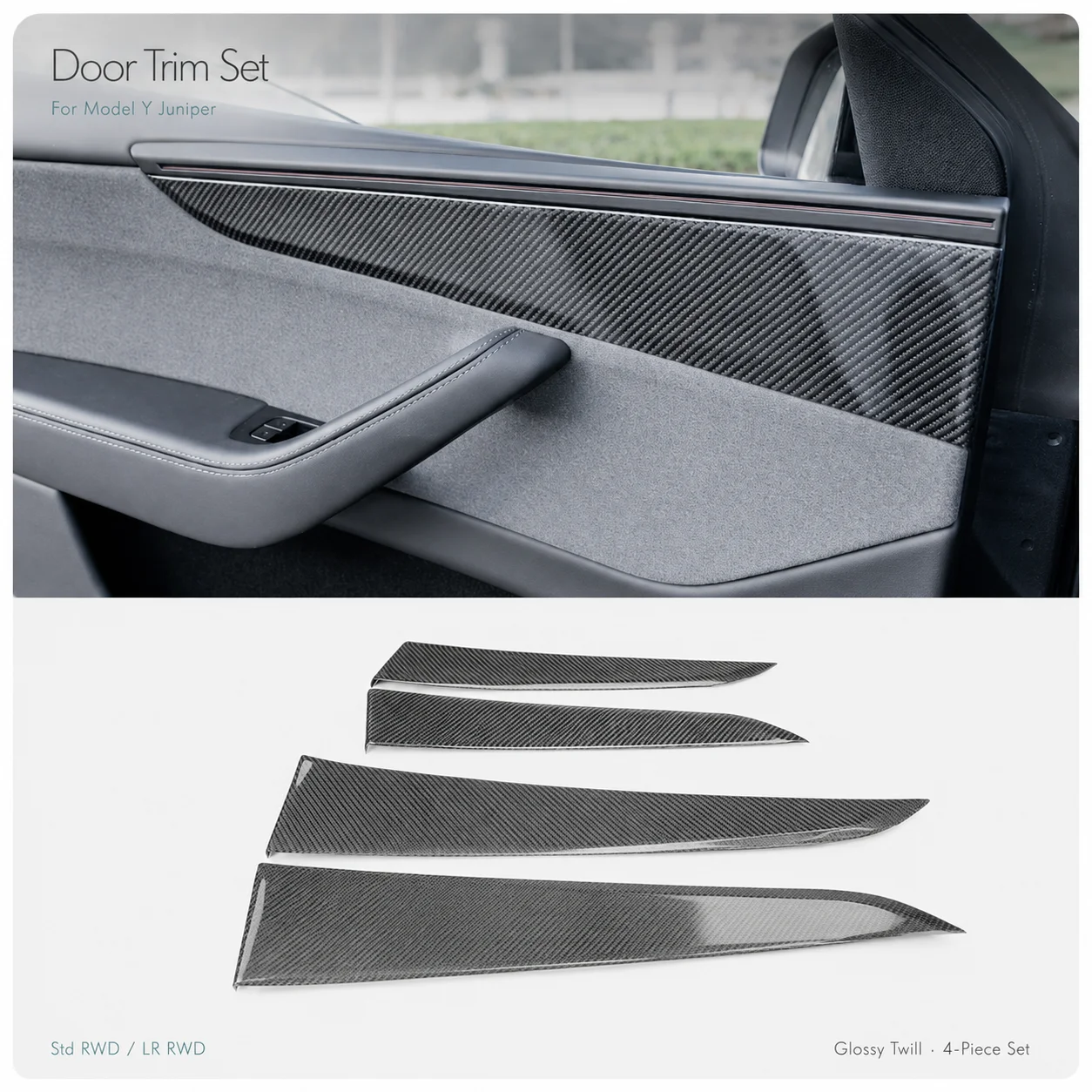 Four-piece dry carbon fiber door panel patch kit for Tesla Model Y Juniper 2025+, gloss/matte finish