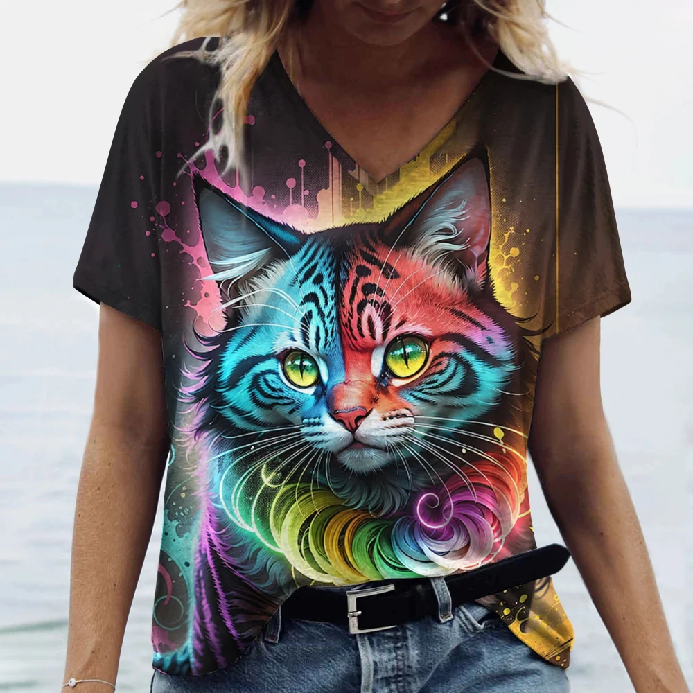 Summer women\'s clothing 3D color design kitten animal pattern print short sleeve V-neck top niche Korean women clothing T-shirt