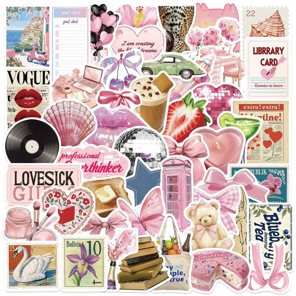 50-Piece Cartoon Pink Aesthetic Series Stickers - Waterproof PVC Decorative Decals for DIY Notebooks LanLanStickersWorld Store