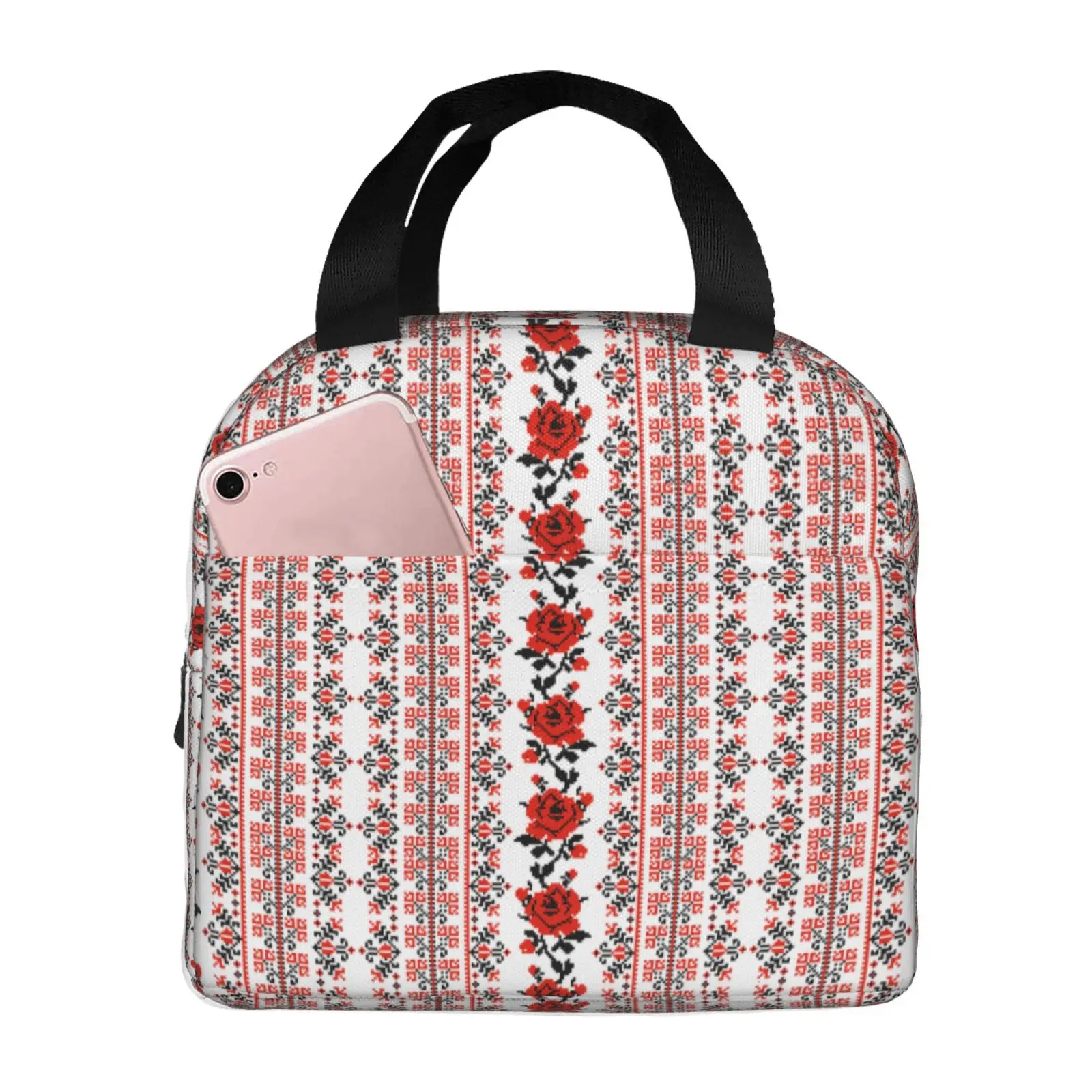 Scandinavia Vintage Boho Rose Pattern Lunch Tote Bag Insulated Leakproof Lunch Box Container with Front Pocket for Girls Boys