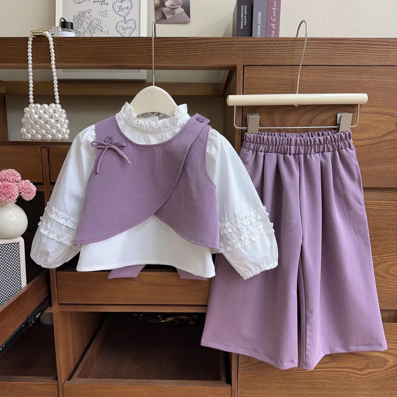 

Children's Outfit New Spring Girls Sweet Set Girl Vest Lace Base Shirt Long Pants Three-Piece Set