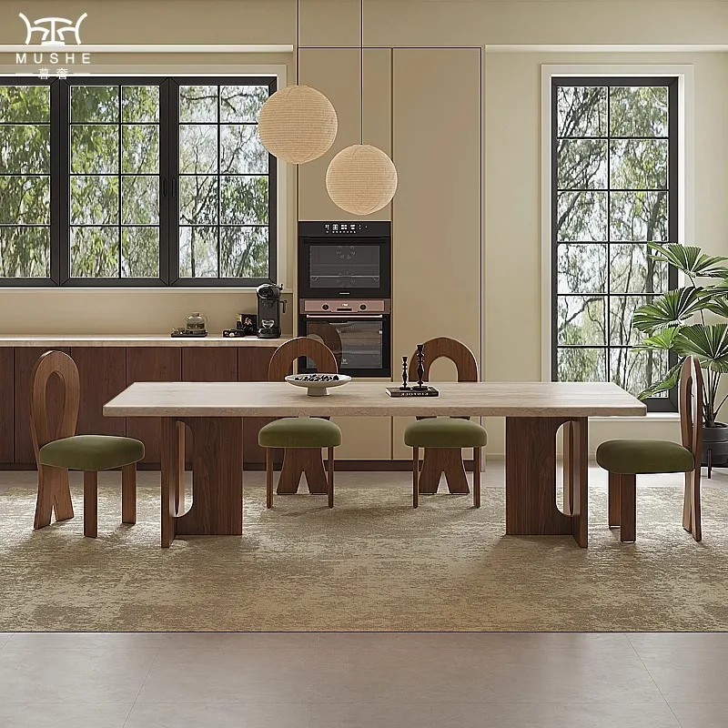 

Retro bottom hanging trapeze rock slab dining table Chinese antique home rock slab solid wood dining table