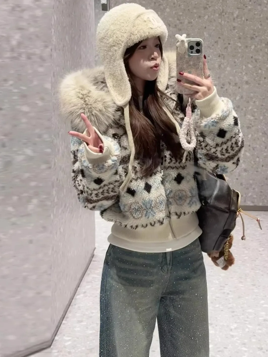 

Sli ort Lamb Fur Collar Women's Jaet Spring 2026 Warm Cotton Coat Vintage Sle Loose Fit Long Sve Zipper Closure