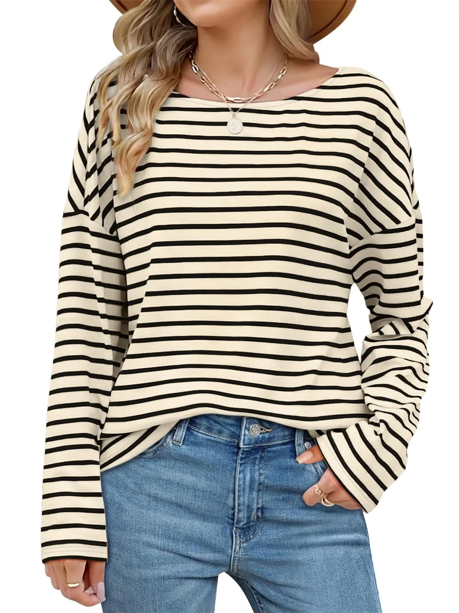 Womens Fall Casual Tops Striped Print Long Sleeve Drop Shoulder Boat Neck T-Shirts