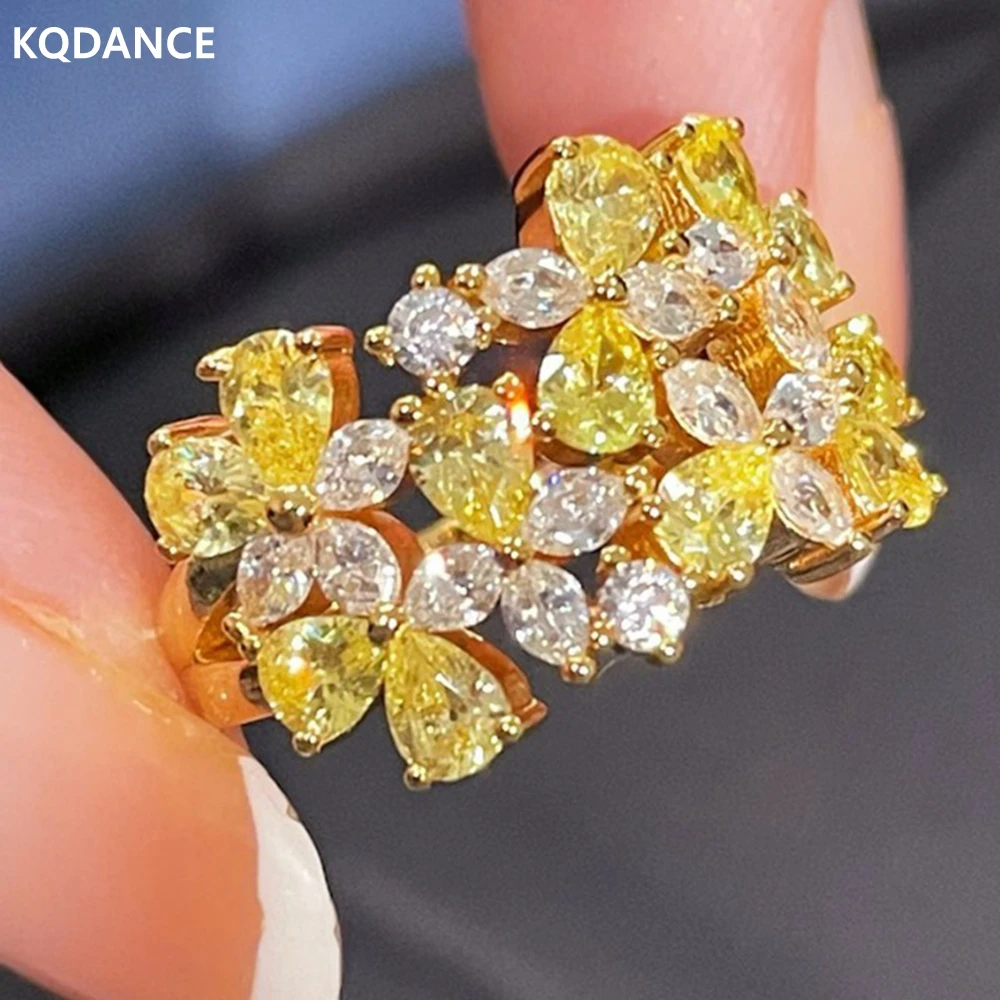 KQDANCE 18K Gold Plated 925 Sterling Silver Sparkling Citrine High Carbon Diamonds Gemstone Cocktail Party Rings Fine Jewelry