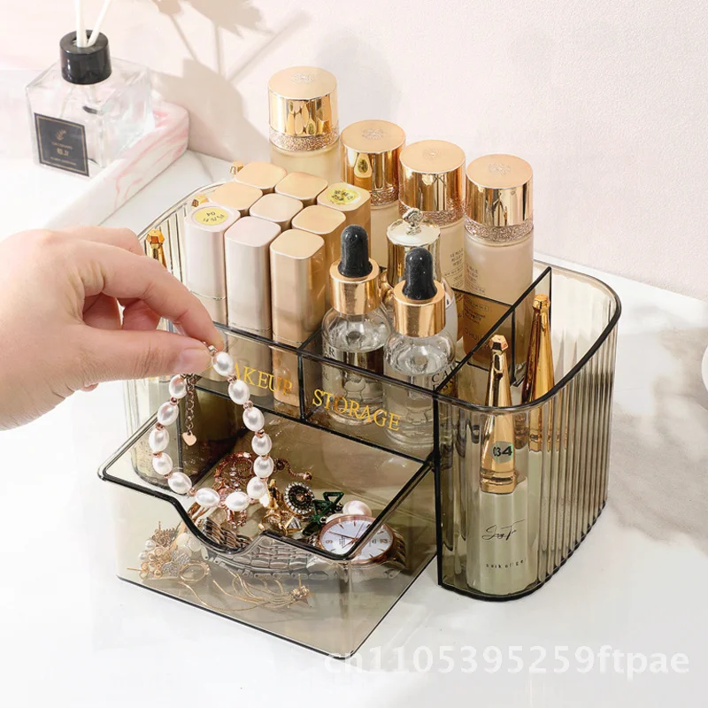 Multi-Layer Cosmetic Storage Box Desktop Dressing Table Drawer Type Lipstick Skin Care Organizer Translucent Gray/White