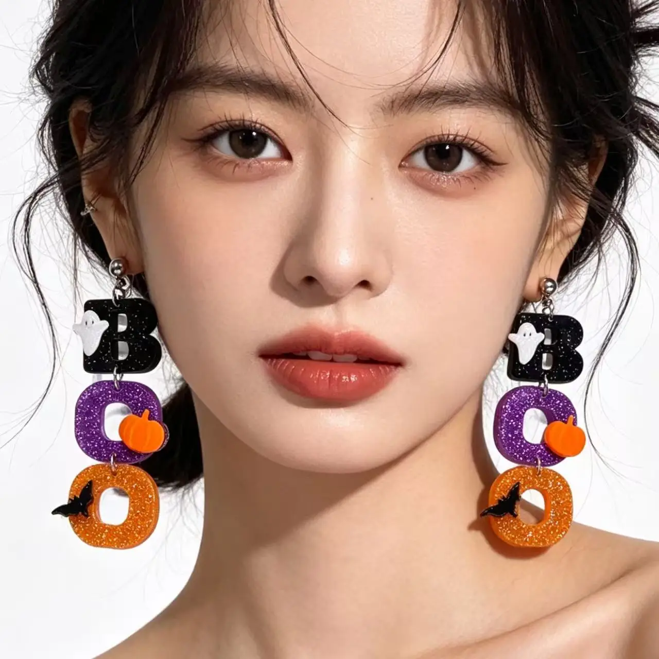 A Pair of Stylish Drop Earrings for Women Featuring a Spooky BOO Ghost Design, Perfect As a Gift for Holiday Parties