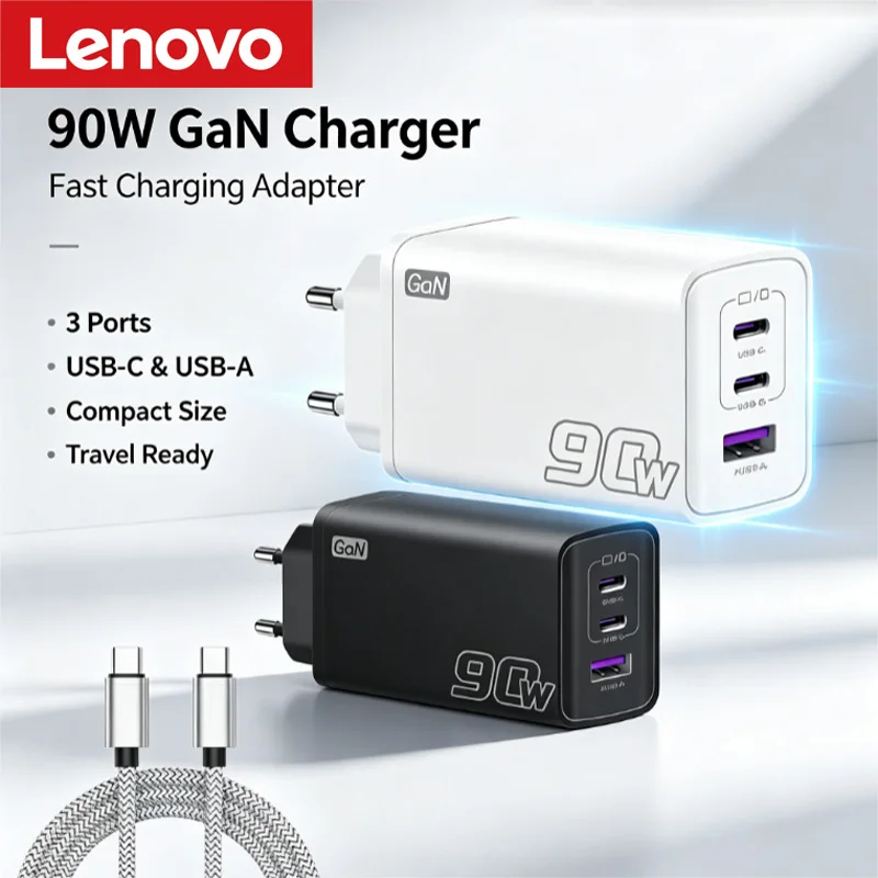 Lenovo 90W Multi-Port-Ladegerät mit 2PD + USB PD 25W und QC 3.0 Schnellladeadapter, Vollprotokoll-Superschnellladung, 2M Kabel