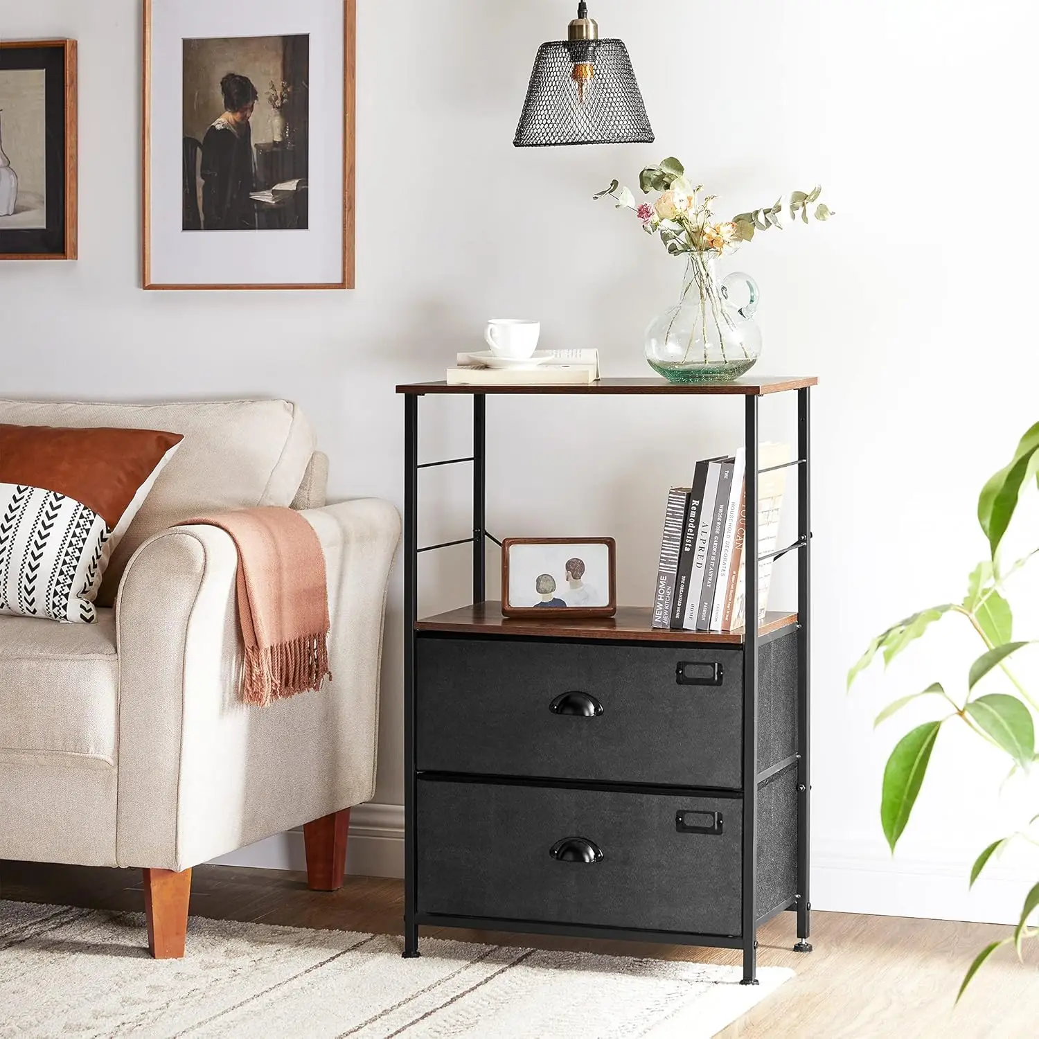 Nightstand, Industrial Bedside Table with 2 Fabric Drawers, Storage Shelves, Vertical Dresser Storage Tower