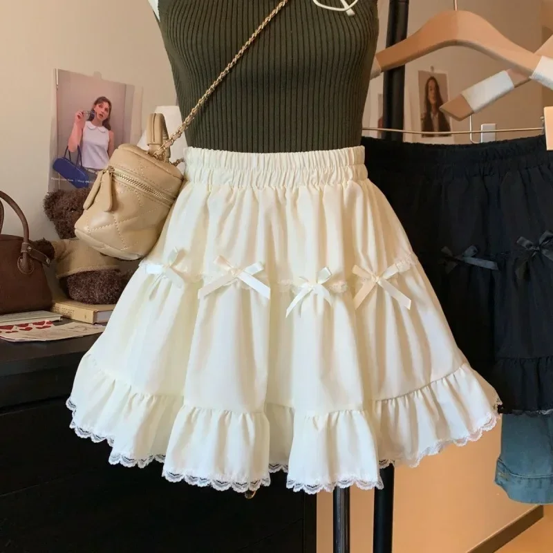 PopPopSweet Butterfly Knot White Lace High Waist Half Skirt Puffy Mini Skirt Slimming Edge Design Summer New Style Women's Skirt
