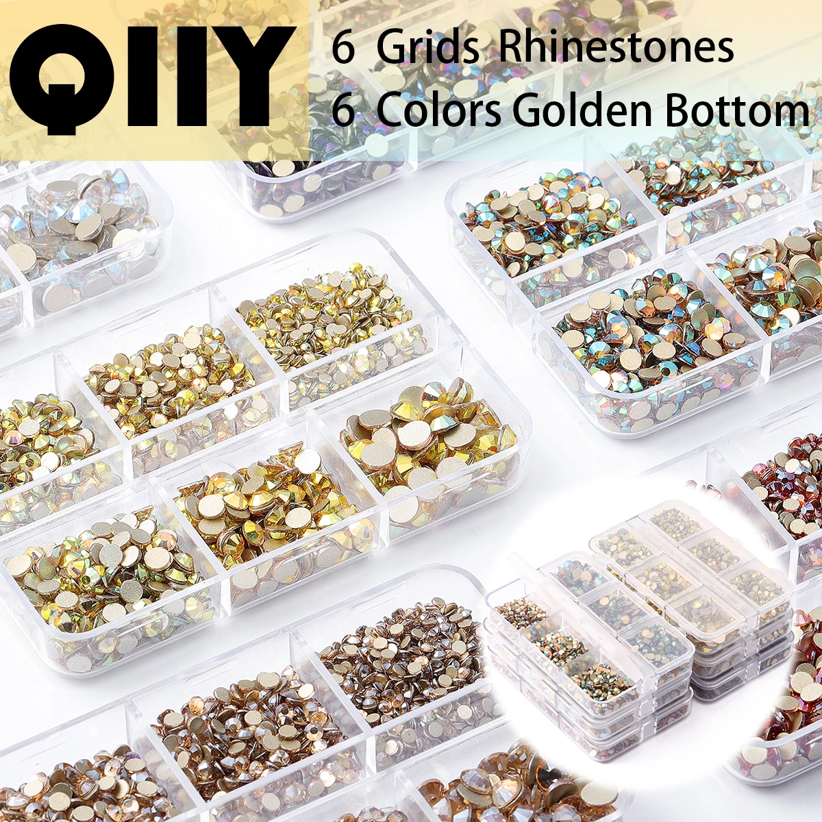 QIIY Boxed 6 Grids Glass Rhinestones AB Color Glitter Non Hotfix Glue-On Stones for DIY Craft Clothes Nail Art Decoration