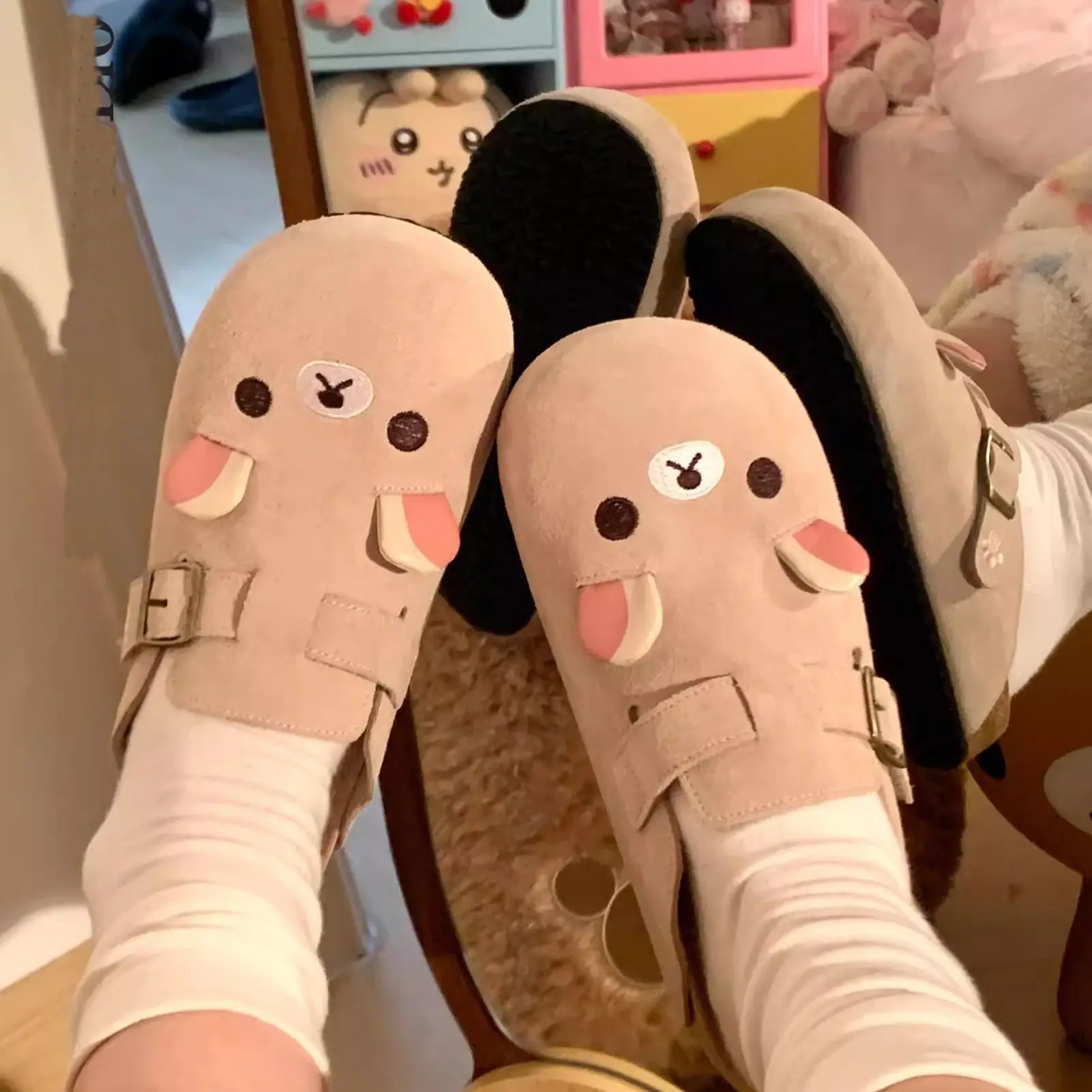 Cartoon Rilakkumas Bear Faux Suede Mules For Women Korilakkuma Thick Platform Round Toe Slippers Cork Insole Slides Sandals