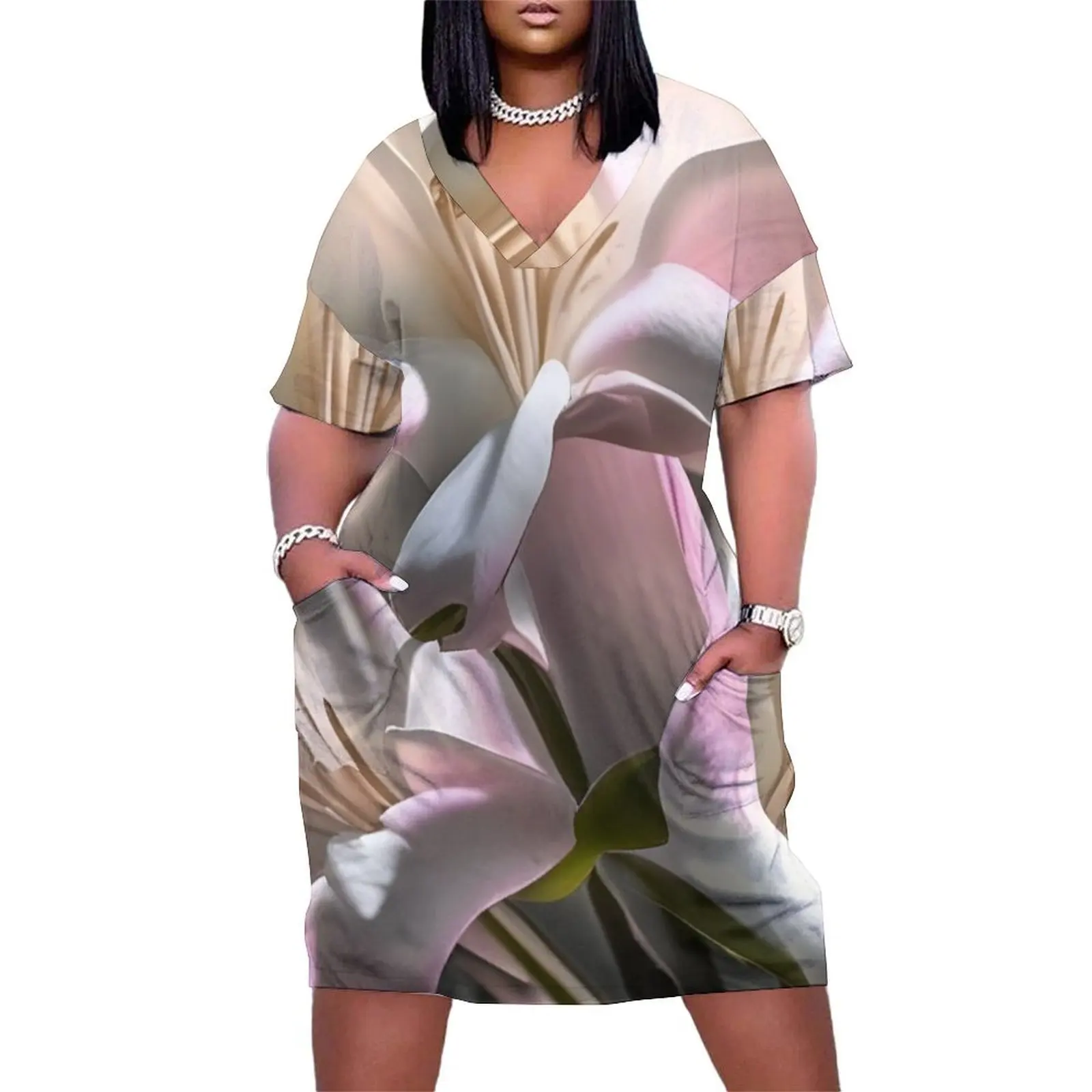

Pink and white beautiful lilies Digital art. Loose Pocket Dress dresses for women 2025 dress summer 2025 women