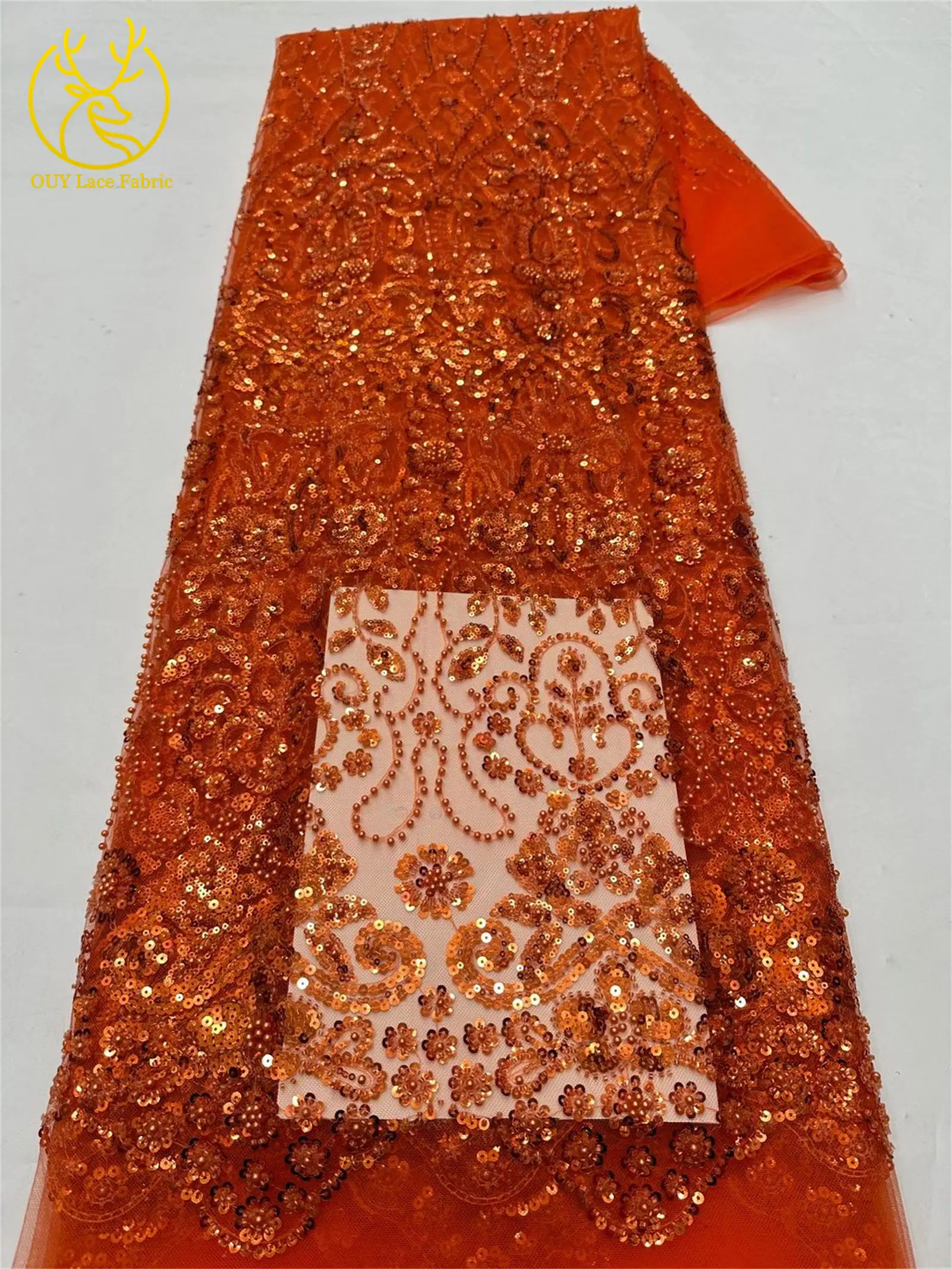 5 Yards meistverkaufter afrikanischer Pailletten-Spitzenstoff, hochwertige Mode, nigerianischer Perlen-Tüll-Spitzenstoff, Nähen von Partykleidern – Detail 14