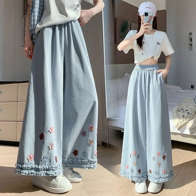 Super beautiful fungus edge splicing flower embroidery casual pants women summer 2026 new high waisted loose wide leg pants