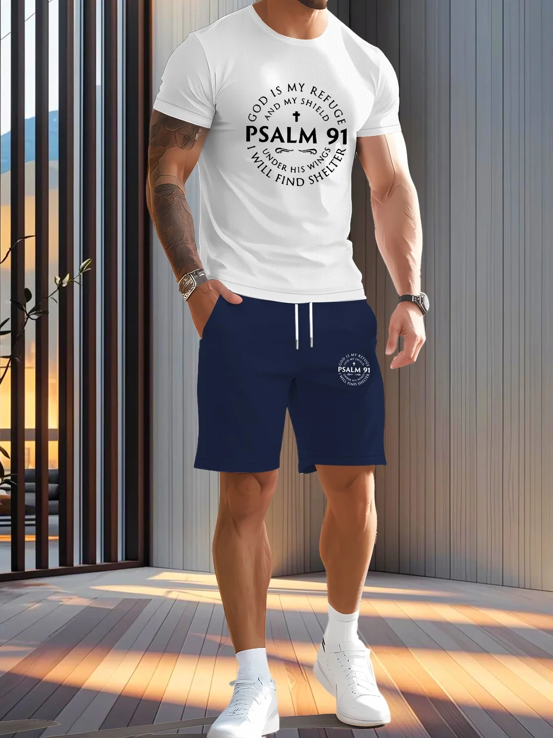 

Men's summer casual sportswear set, breathable pattern printed round neck T-shirt and shorts, polyester fiber knitted fabric, sl