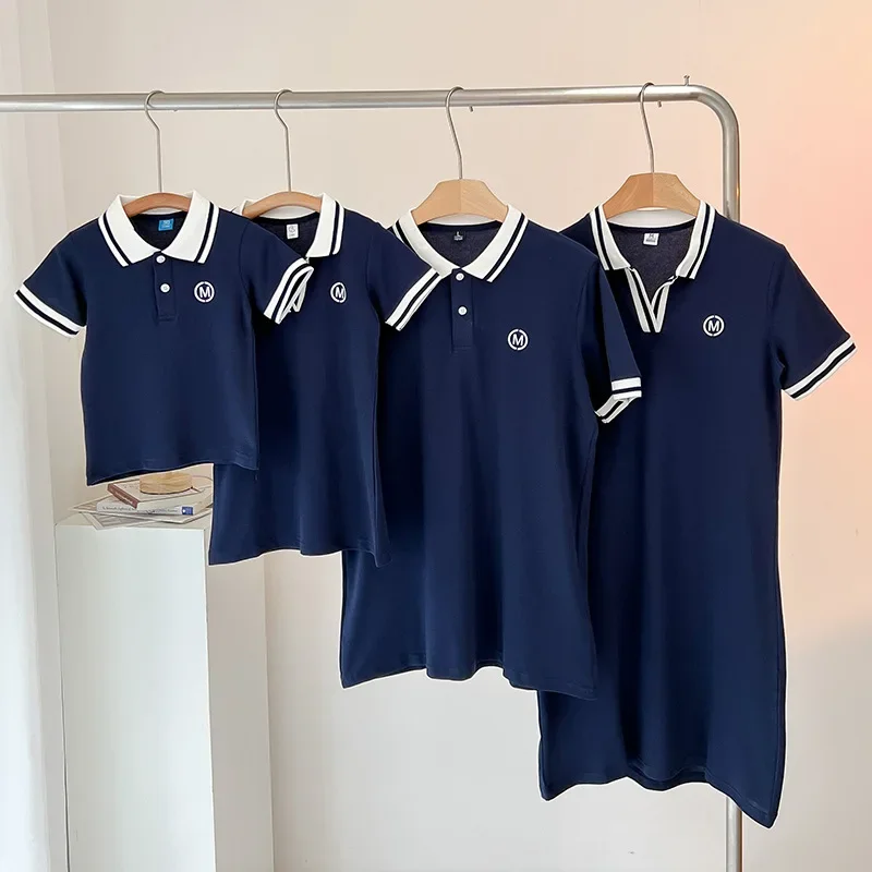 

Parent-child Wear Children's Clothing Blue Plolo Short Sleeve Dress Baby Clothes Child Mom Dad Girls Boys Family Match Cotton