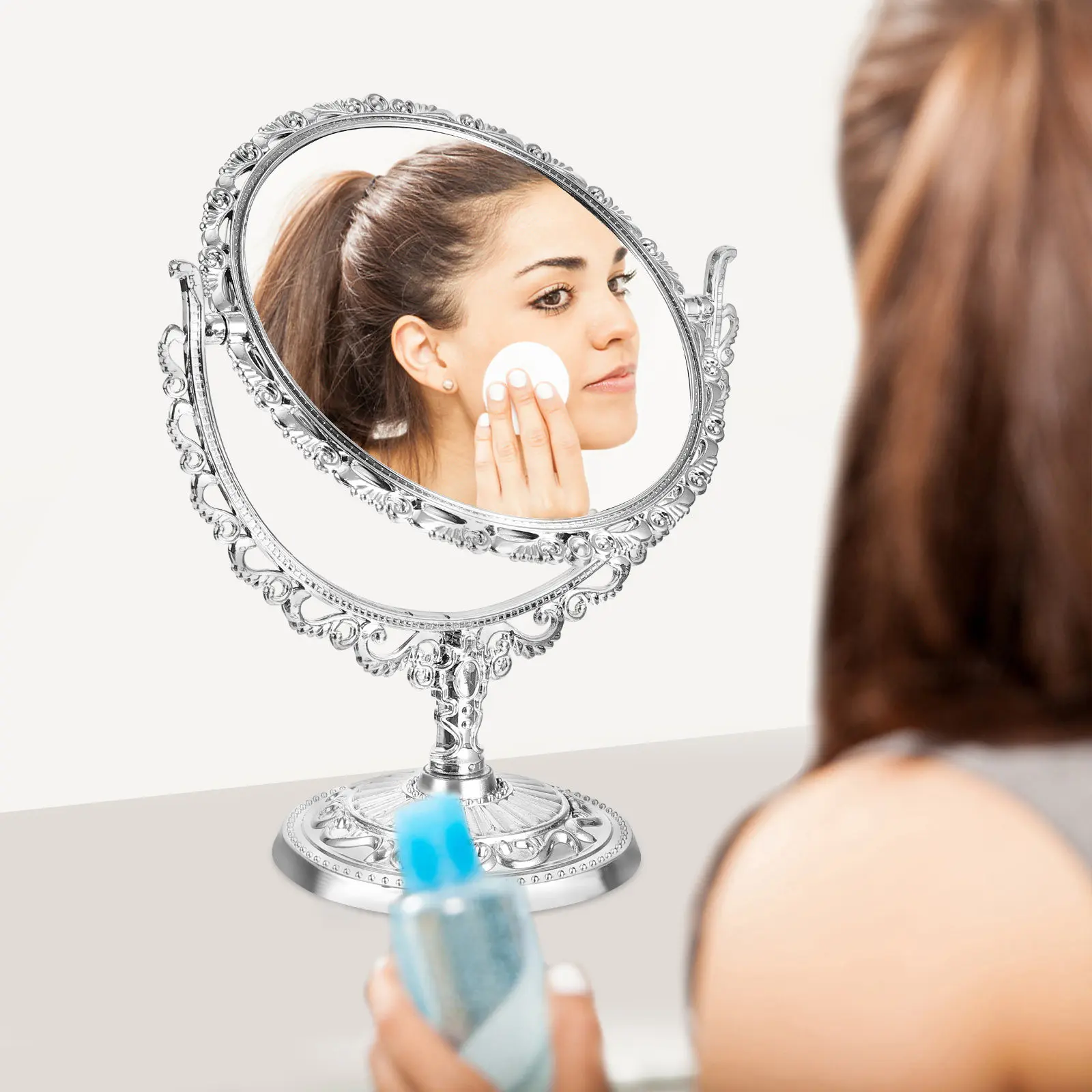 

Elegant Round Retro Makeup Mirror with Flexible Stand for Daily Use Vanity Bedroom Bathroom Dresser Tabletop Decorative