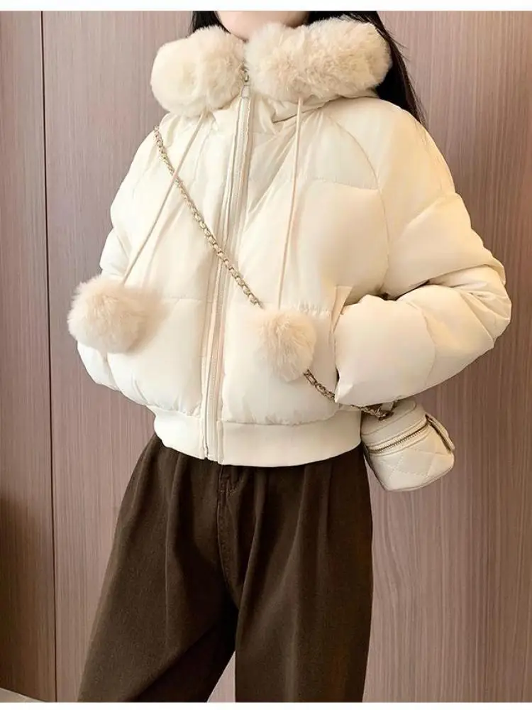 

Retro 2025 Solid Parkas Women Elegant Long Sleeved Down Cotton Jacket Clothes Winter Holiday Thicken Hooded Warm Short Coat Chic