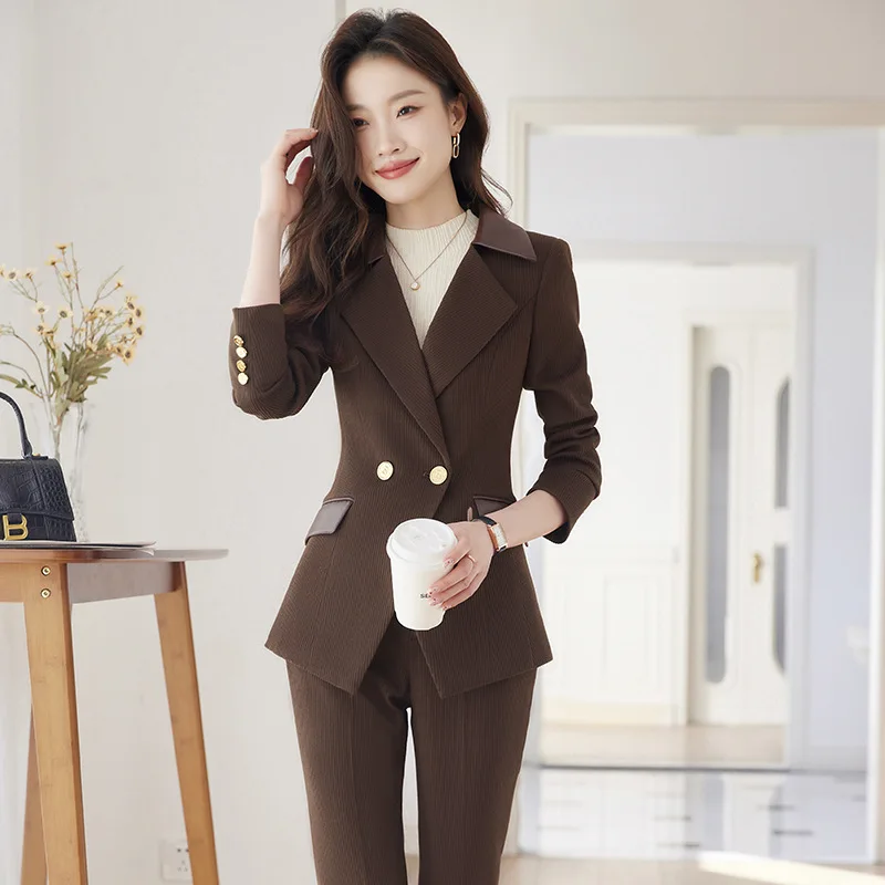 2024 Autumn New Corduroy Elegant Pant Suit Ladies Formal Business Work Wear 2 Piece Set Red Coffee Jacket Blazer And Trouser