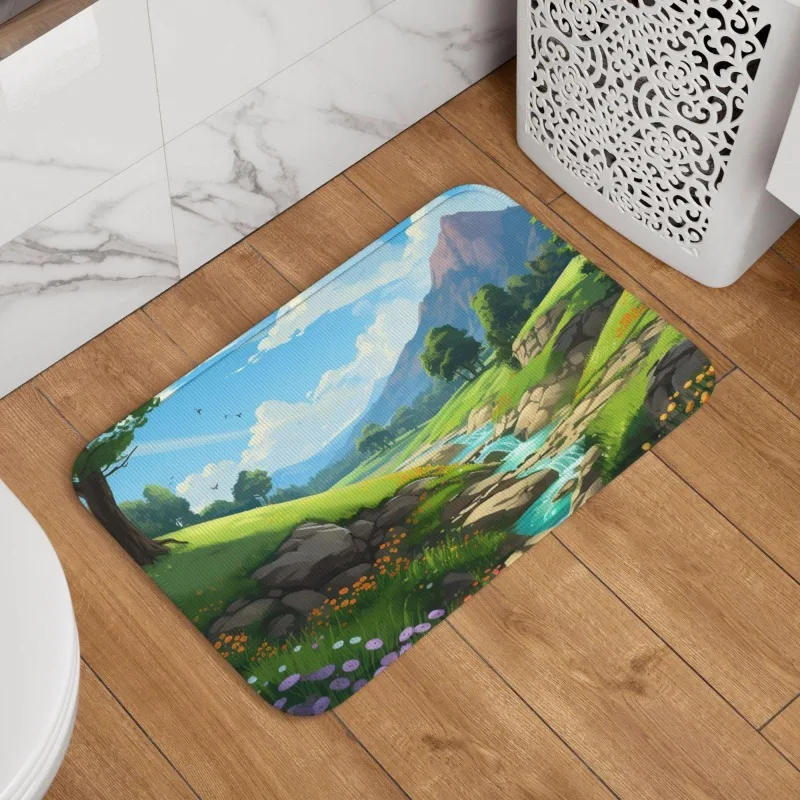 Bright Printed Doormat Anime Style Mountain Valley Stream Meadow Scenery Floor Mat For Bathroom Entry Indoors Outdoors Daily