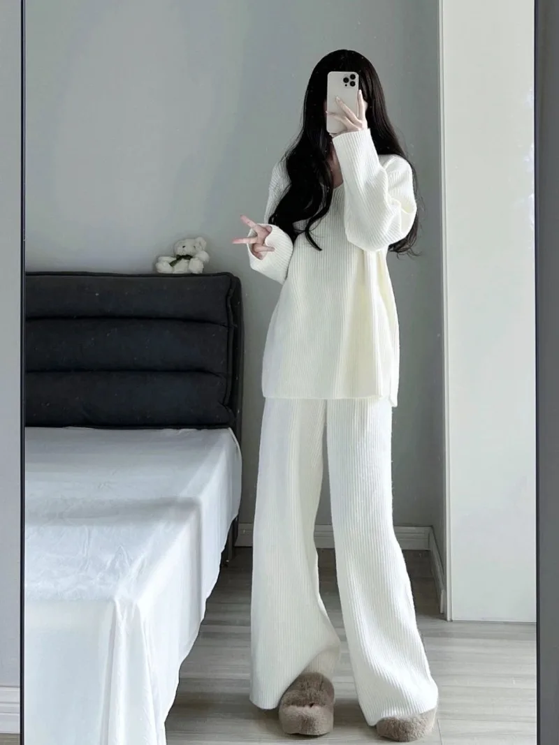 Autumn Korean Fashion 2 Pieces Women Sets Knitted Tracksuit V-neck Sweater and Straight Jogging Pants Suits Casual Wear Y2k