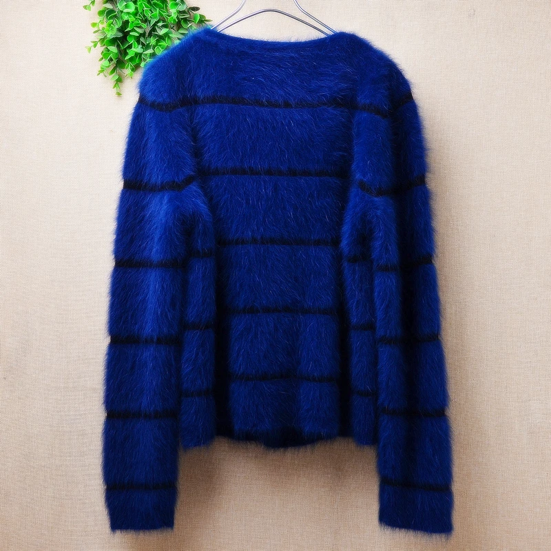 Ladies Women Fall Winter Clothing Blue Hairy Angora Rabbit Hair Knitted Long Sleeves Short Style Loose Cardigans Jacket Sweater