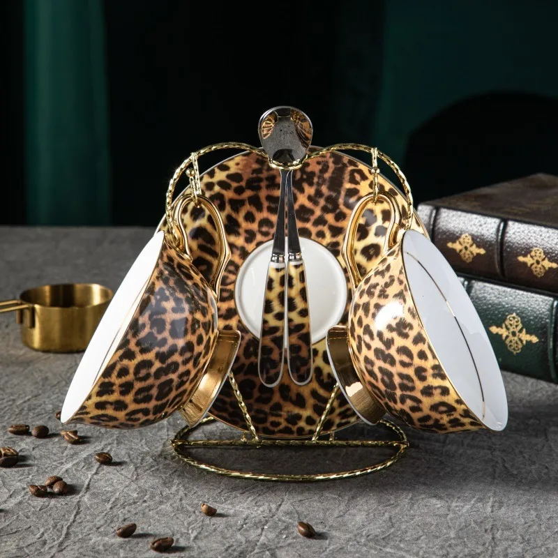 

Classic Leopard Print Bone China Coffee Cup And Saucer Porcelain Tea Set for Espresso British Afternoon Party Home Drinking