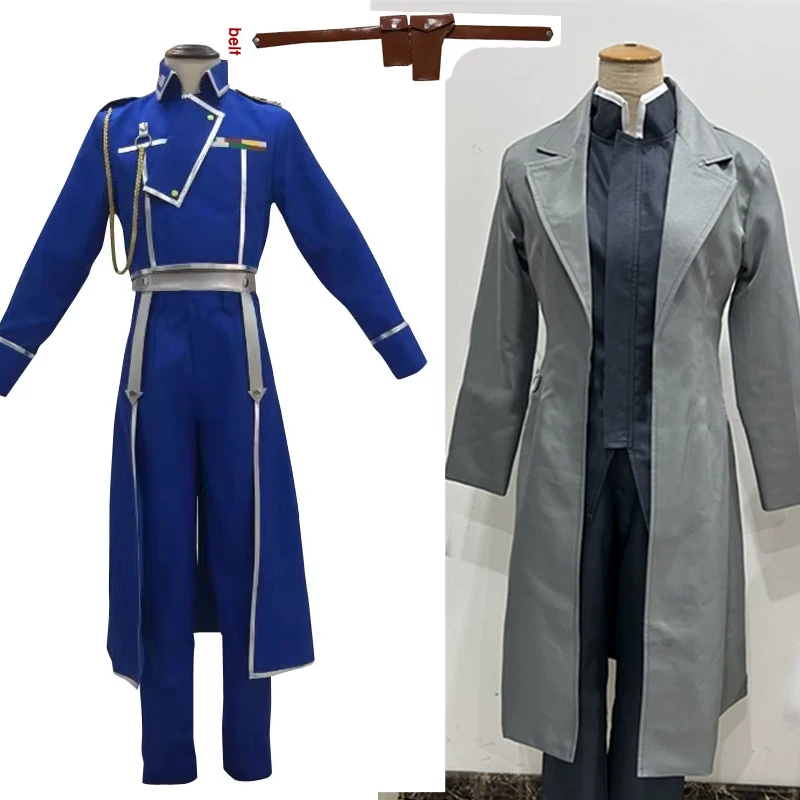 Costume de Cosplay Anime Roy Mustang Greed, uniforme militaire bleu d'halloween, ceinture pour hommes, ensembles de taille personnalisée