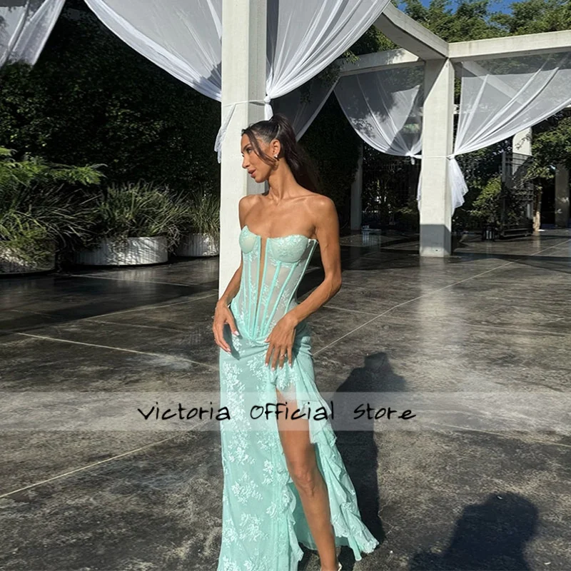 النعناع الأخضر تول قبالة الكتف فساتين لحضور الحفلات الموسيقية مثير عالية سبليت الجلباب دي سواريه الدانتيل الكشكشة حورية البحر فساتين السهرة حسب الطلب #1