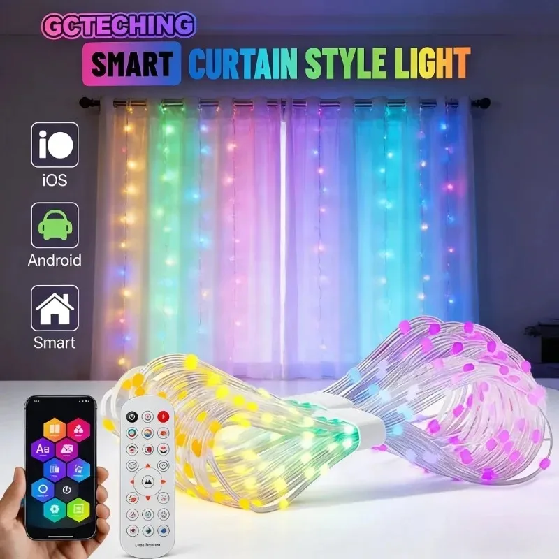 スマートrgbカーテンライト-usb-bluetooth-app制御-diy-ledストリングライト-寝室の窓-クリスマスデコレーション用