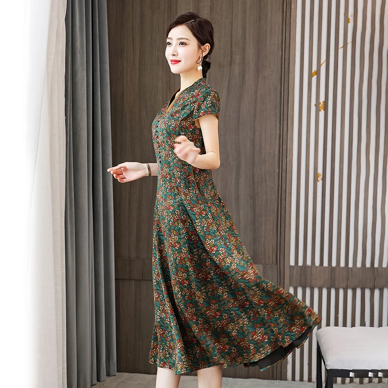 

2023 New Fashion Silk Printed Dress For Women's High End Elegant Fragmented Flower V-neck Leisure Vacation Party Dress Vestidos