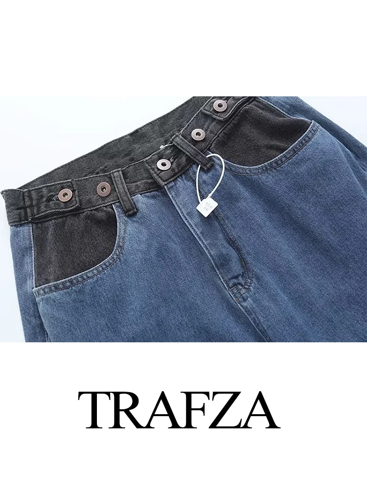 TRAFZA Autumn Fashion Women Jeans Black And Blue Patchwork Mid-Waist Pocket Buttons Zipper Female Chic Casual Denim Pants