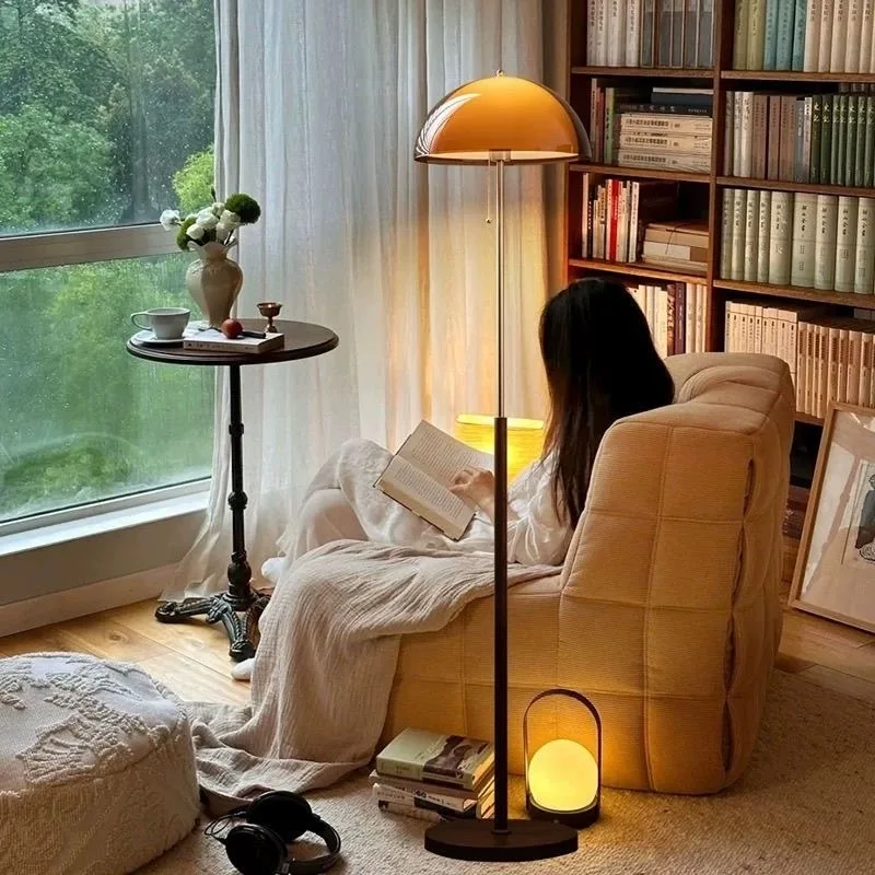 Vintage Amber Dome Floor Lamp Minimalist Modern Standing Light With Pull Chain For Bedroom Living Room Office