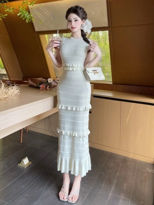 

Sexy Knitted Wrap Dress Women's Slim Fit Summer New Style Midi Dress Wooden Trim Comfortable Knit Dress City Commute Fri...