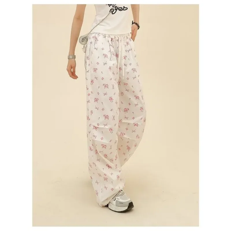 QWEEK Y2k Coquette Flower Print Cargo Pants Women Baggy Korean Wide Leg Vintage White Trousers America High Waist Aesthetic