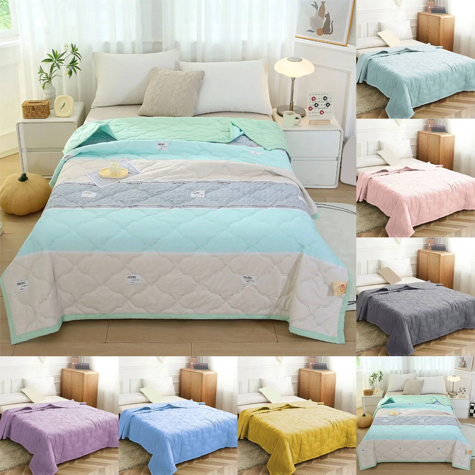 Skin Friendly Plain Print Bed Blanket Washed Cotton Summer Quilt Ventilated Cool Comforter Home Bed Blanket Sofa Blanket