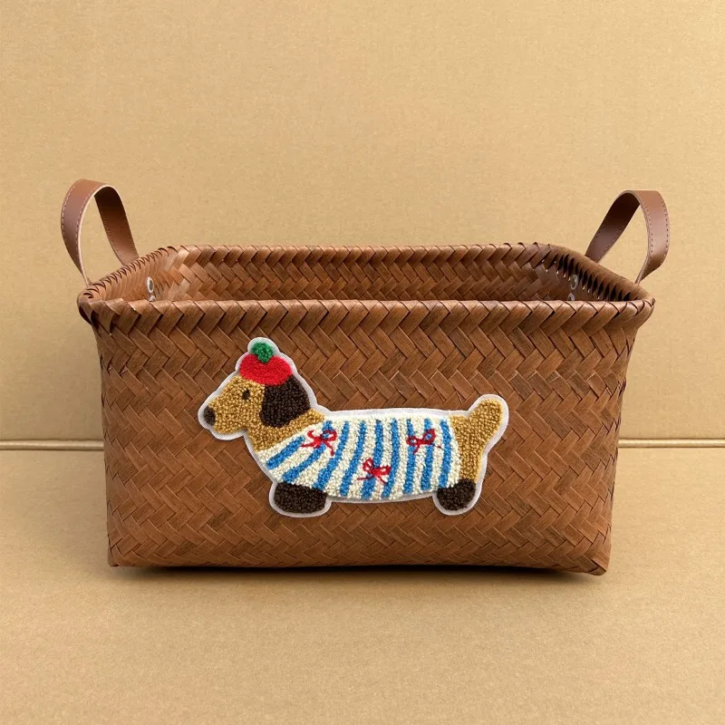 Kosz do przechowywania Kosz na ubrania Influencer Imitacja rattanu Tkany uchwyt PU Wiadro na pranie Kosz na przekąski Zabawki Brudne ubrania