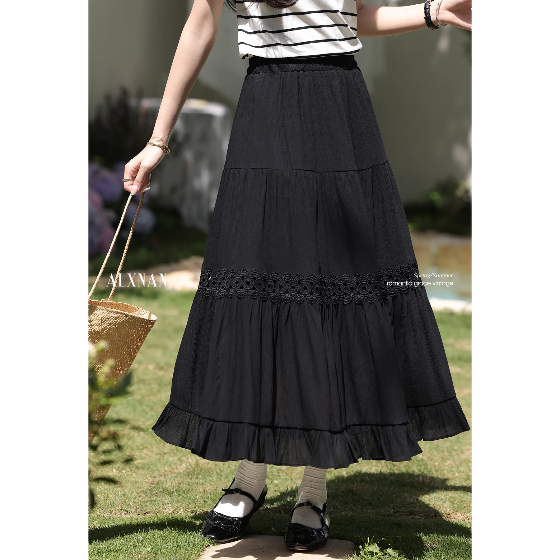 

ALXNAN Women's Long Skirt Black Elegant A-line Holiday Midi Skirt 2025 Trend Summer Elastic Waist Casual Ladies Clothing L55722