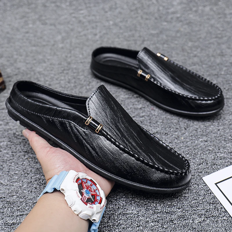 Summer White Half Shoes For Men Dress Shoes Mules Man Slides Leather Casual Shoes Backless Loafers Slippers Flats Sandals 2023