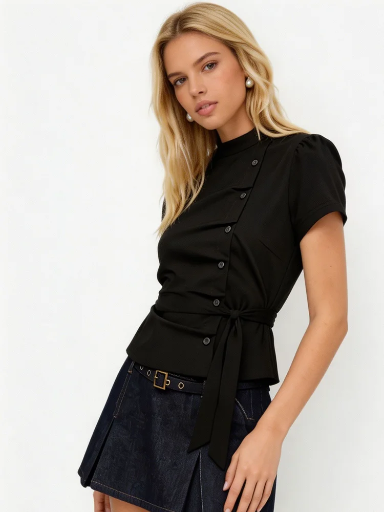 Summer women's retro college style solid color stand up collar slanted buckle bubble sleeves cinched waist slimming versatile to