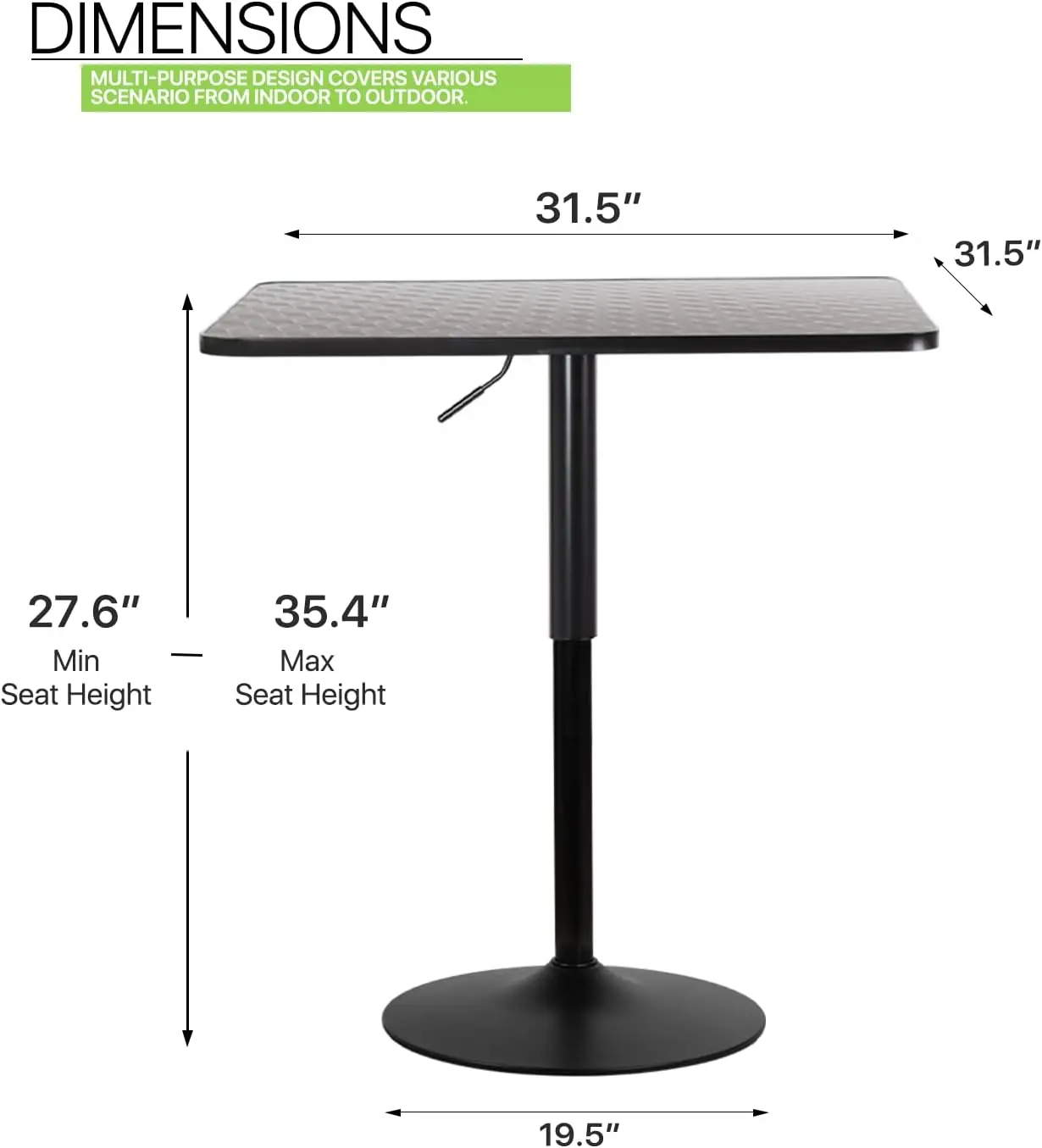 Magshion-Grande Table de Bar Carrée, Sans Comcussion, Réglable, 31.5 Pouces, 27.6 Pouces-35.4 Pouces, Pub, avec Base Agrandie pour le Salon