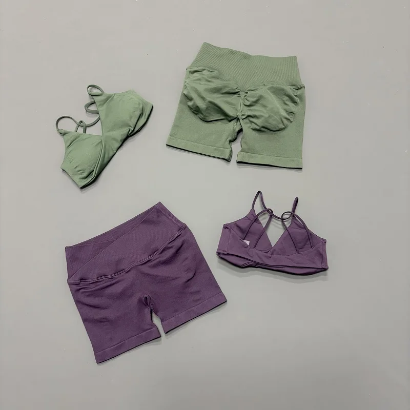 2 Piece Sports Set Women Breathable Crossover Waist Shorts Seamless Vision Twist Front Yoga Bra Workout Gym Running Fitness Sets