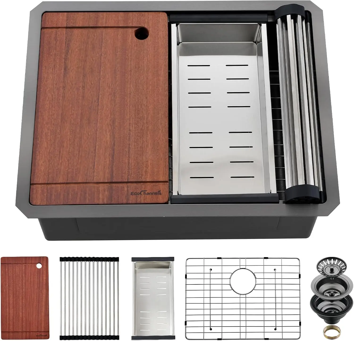 

33 Inch Undermount Farm Kitchen Sink, Stainless Steel, Black, Apron Front, Single Bowl Workstation 16 Gauge with Accessories